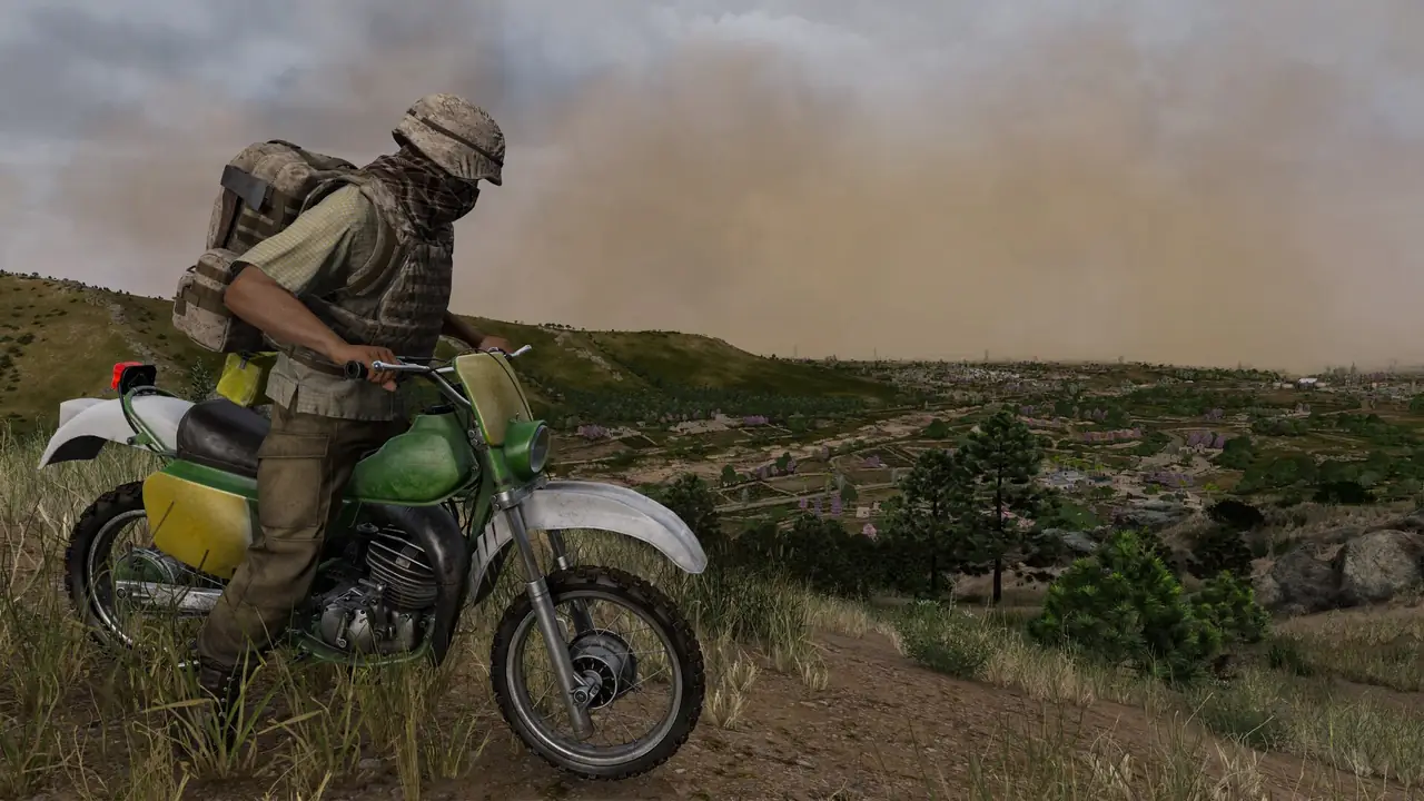 DayZ Badlands survivor on a green motorbike watching a sandstorm roll over Nasdara