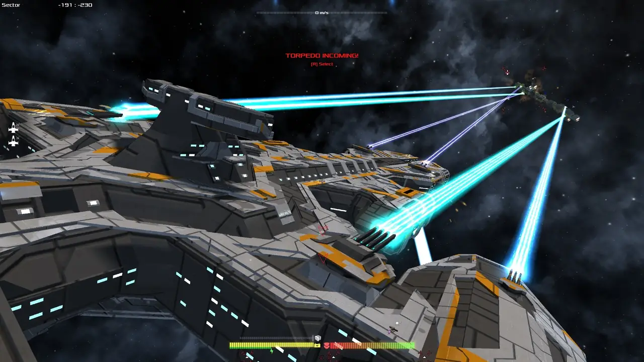 An Avorion ship firing its lasers