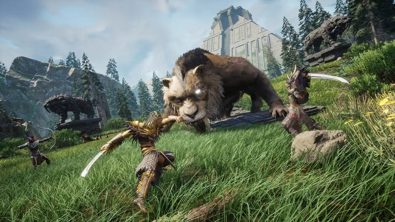 Soulmask tribe fighting a beast