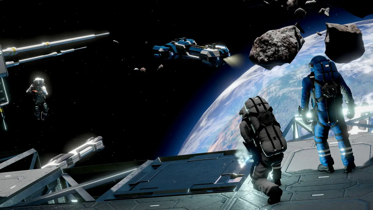 Space Engineers astronauts building in orbit