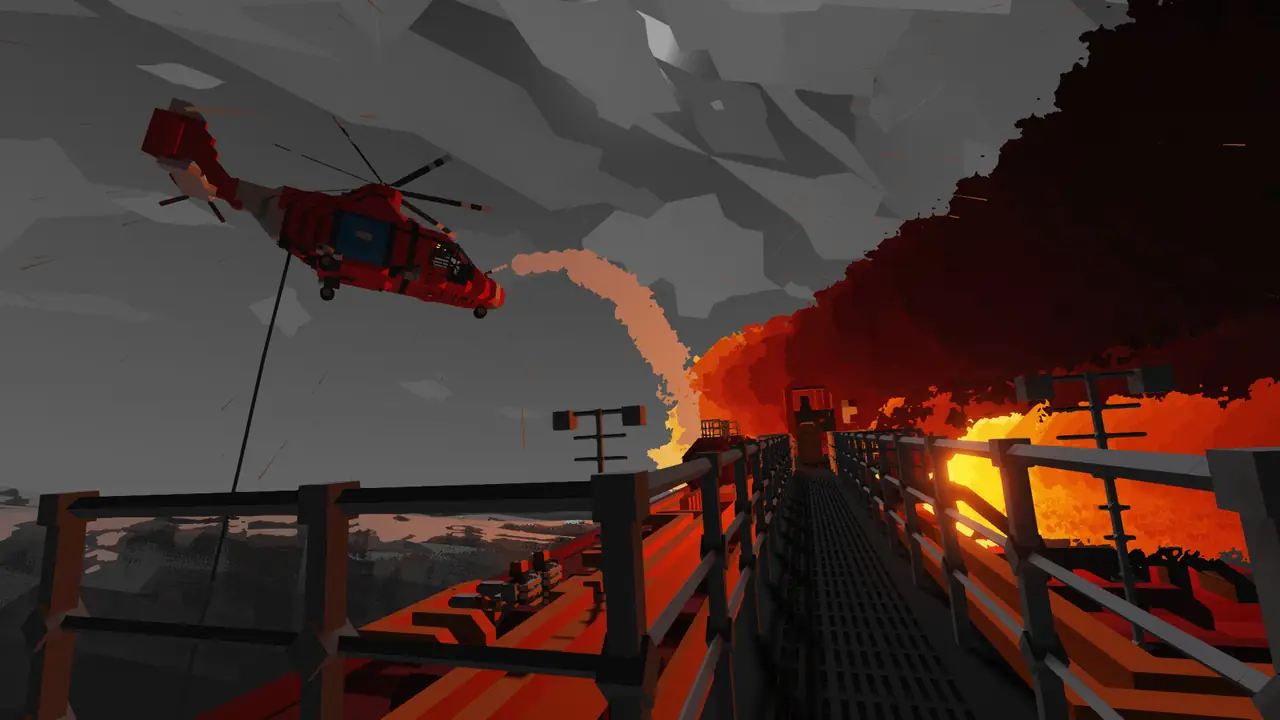 A Stormworks rescue helicopter at a burning platform