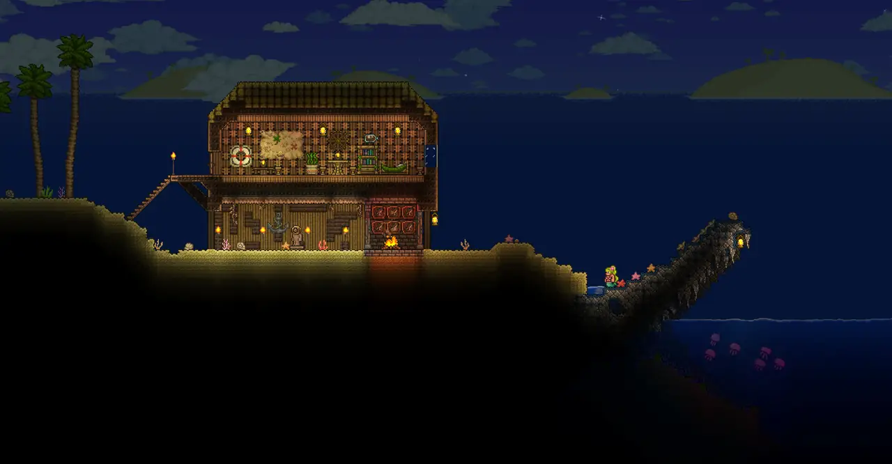 Terraria beach house at night