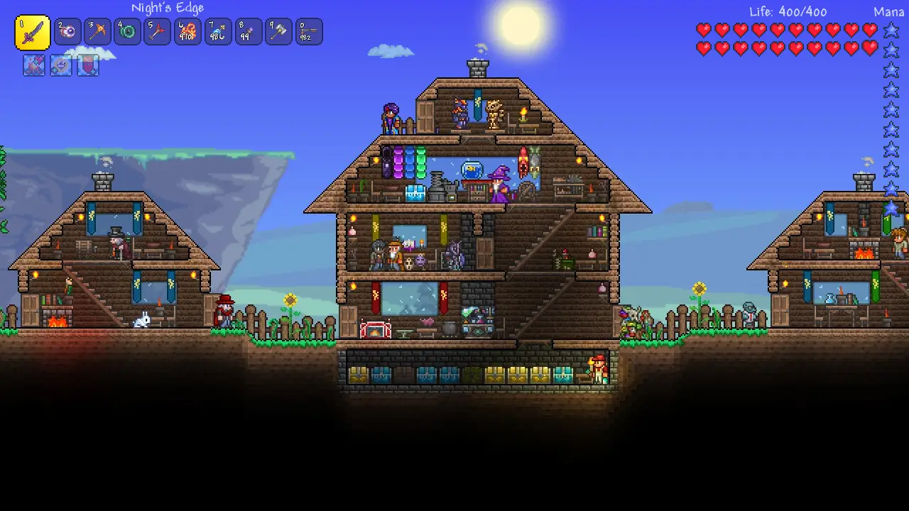 A Terraria town with player-built houses and NPCs
