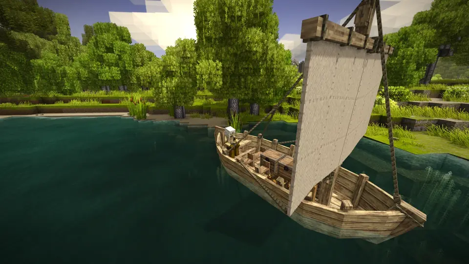 Vintage Story sailboat on a lake